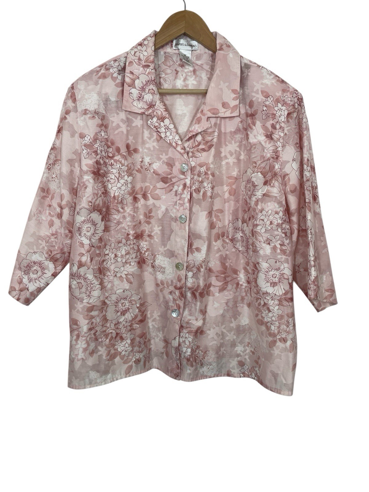 DRAPER’S & DAMON’S Floral Semi Sheer Button Up Top Shirt Blouse Pink Size 2X