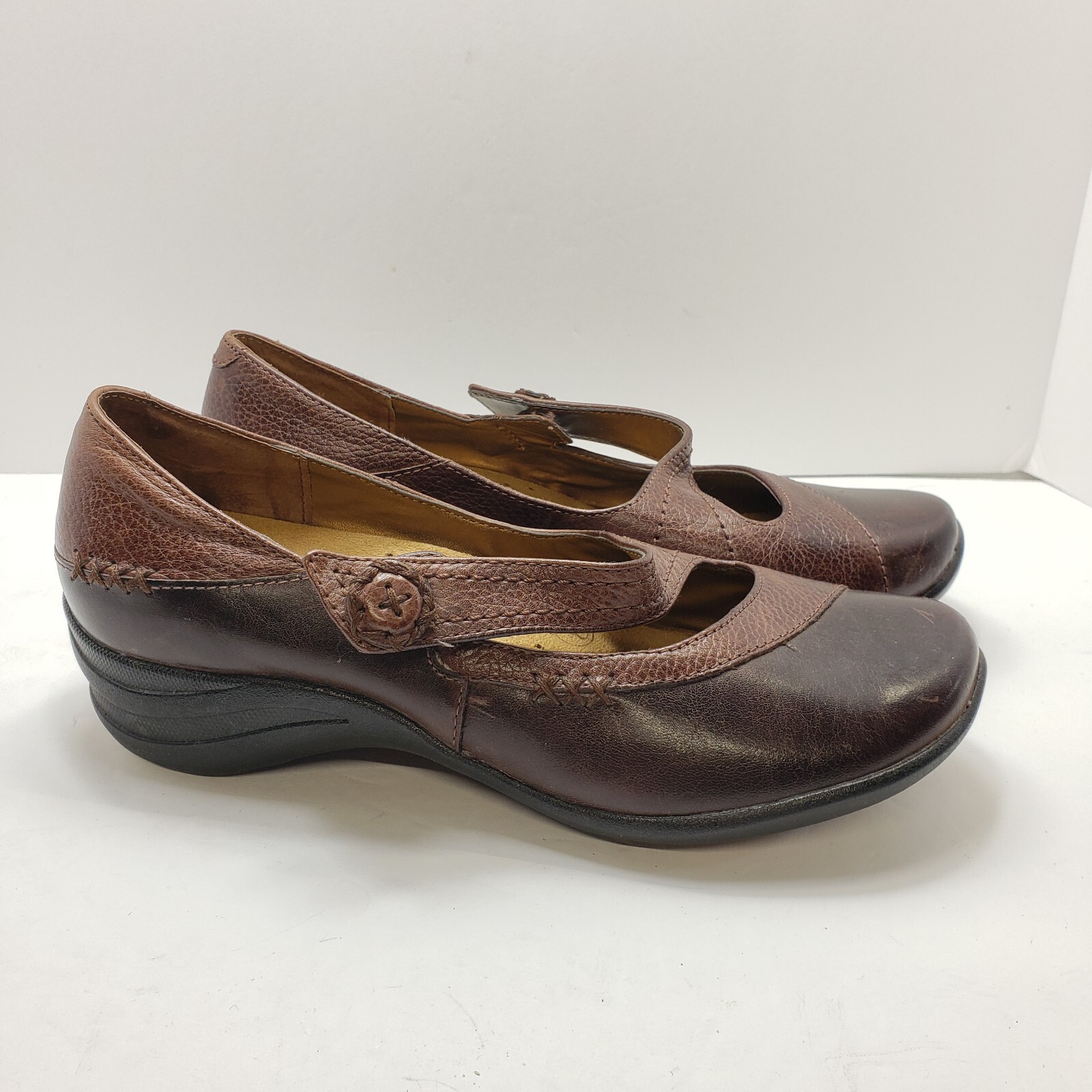 Hush Puppies Two Tone Brown Leather Mary Jane Shoes 7EW Slip On Womens Casual