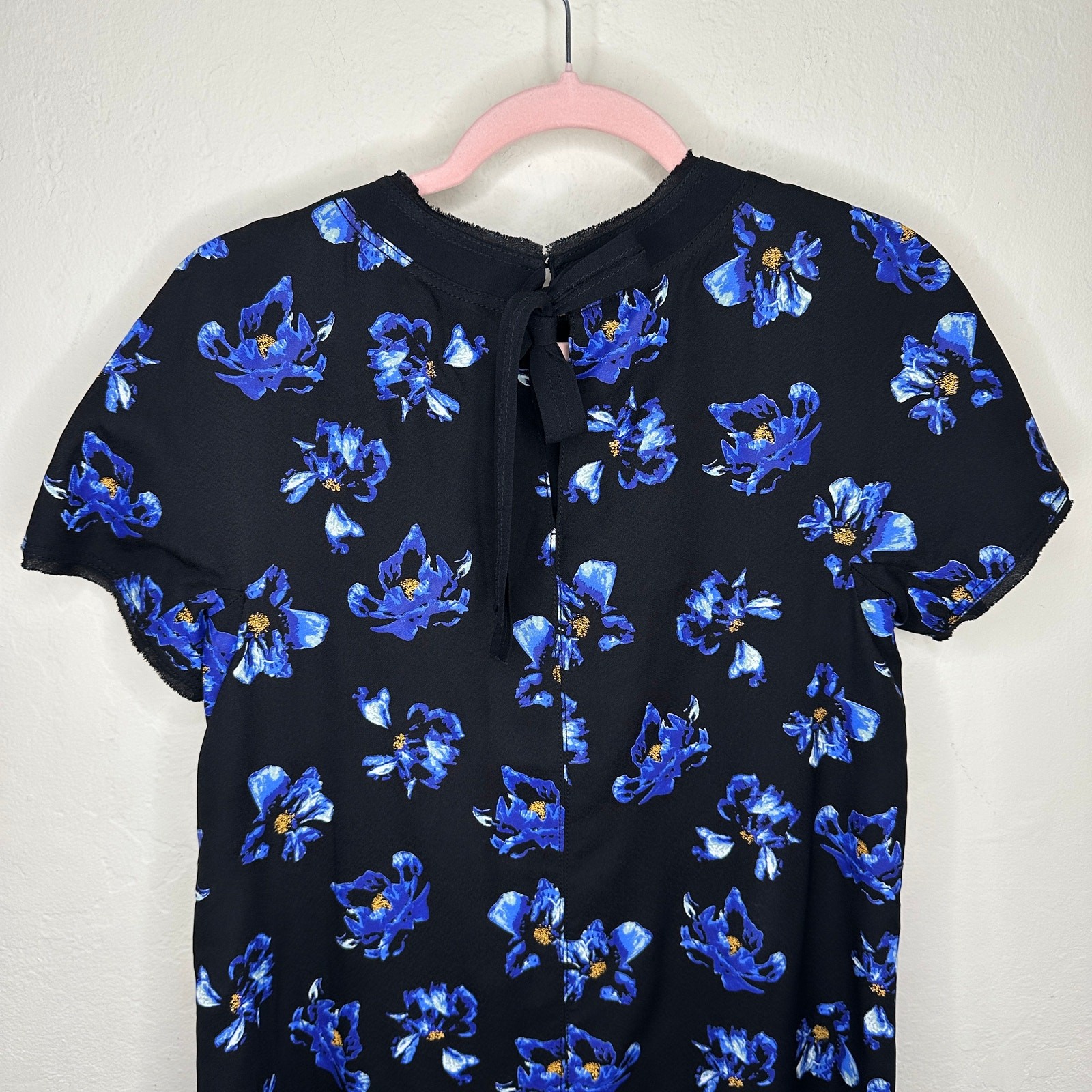 Proenza Schouler Floral Print Blue Black Tie Back Short Sleeve Mini Shift Dress