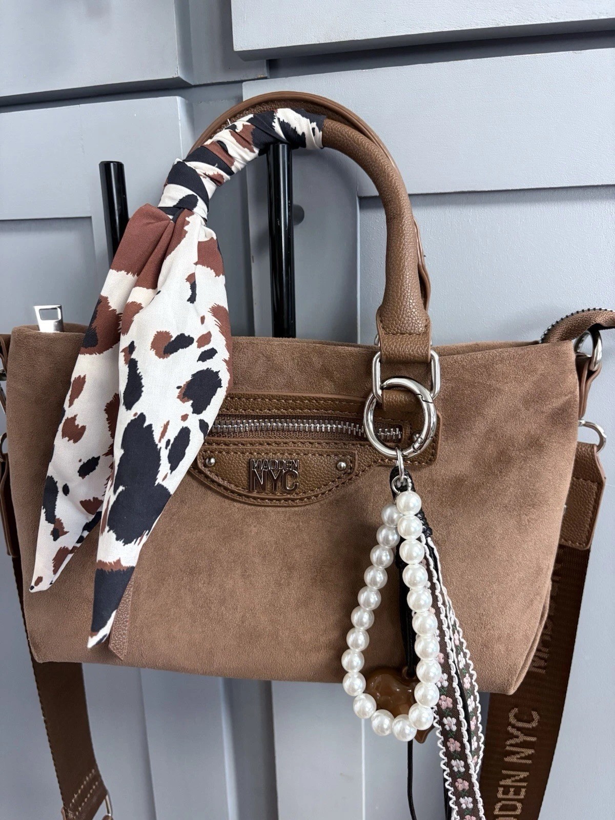 Madden NYC Brown purse , Top Handle Zip Closure Adjustable Strap , Charms 11×6
