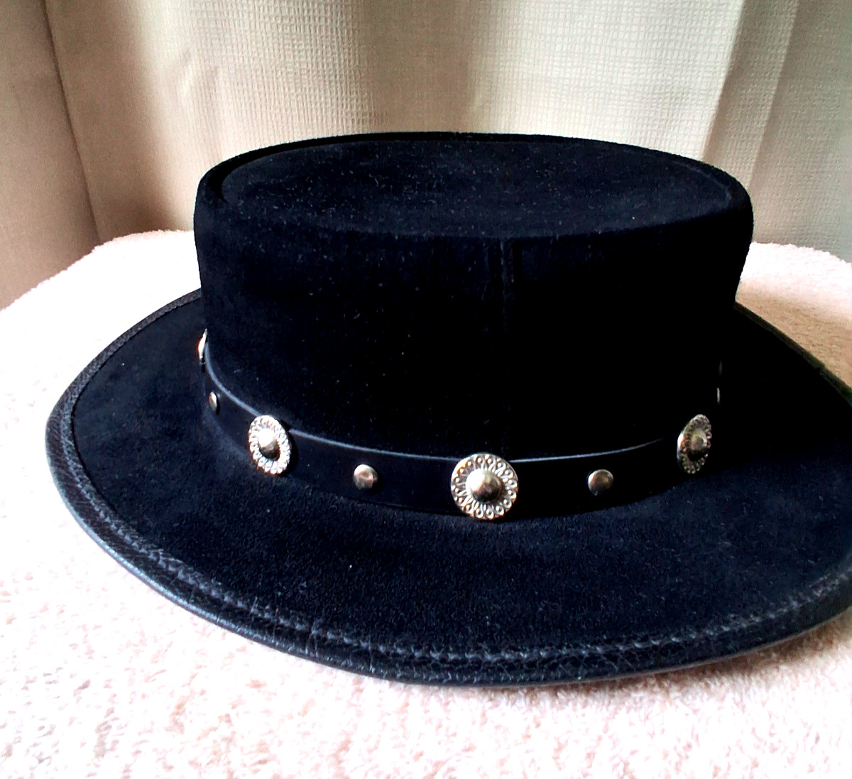 Vintage Winfield Cover Company Black Leather/Suede Hat Cowboy Western Adult S