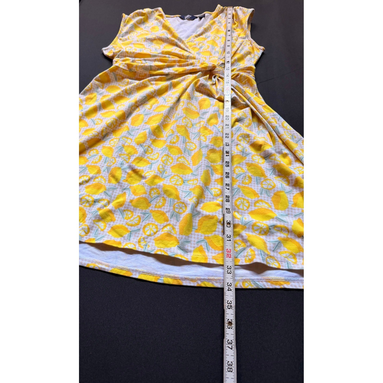 Lands End Yellow Lemon Print Faux Wrap Dress Size MP Sleeveless Gingham Tropical