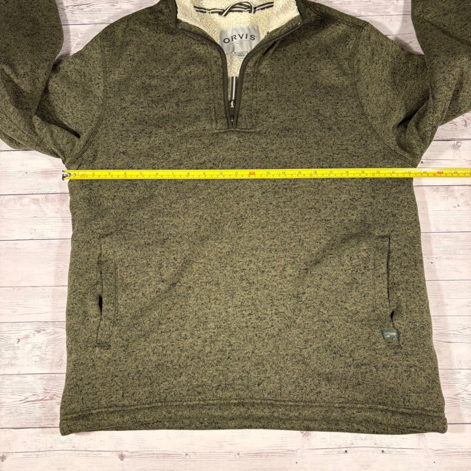 Orvis Mens Quarter Zip Sherpa Lined Sweater Pullover Olive Green Marl Medium