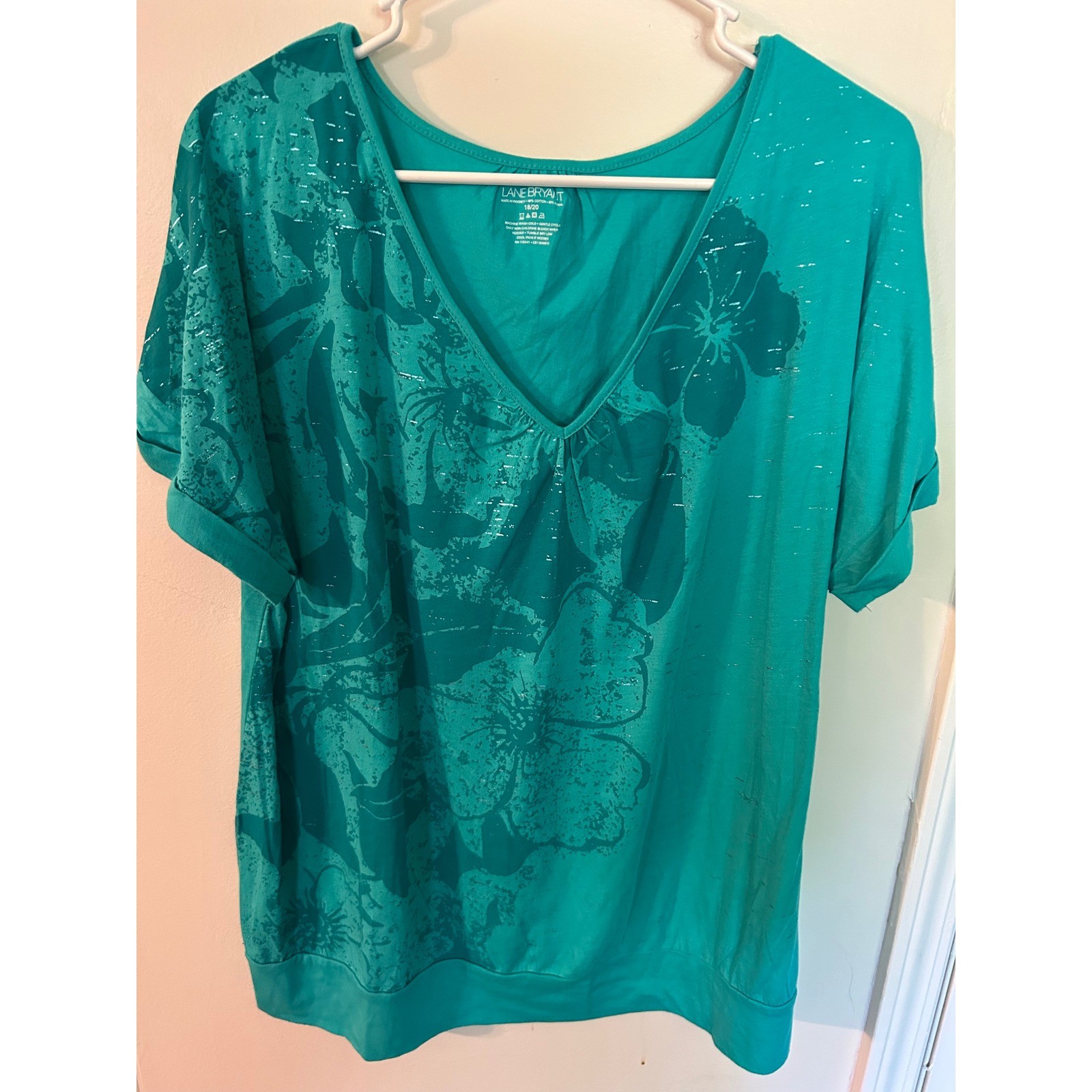 Lane Bryant Teal Floral Glitter V-Neck Top Roll Tab Sleeve 18/20 Plus Size
