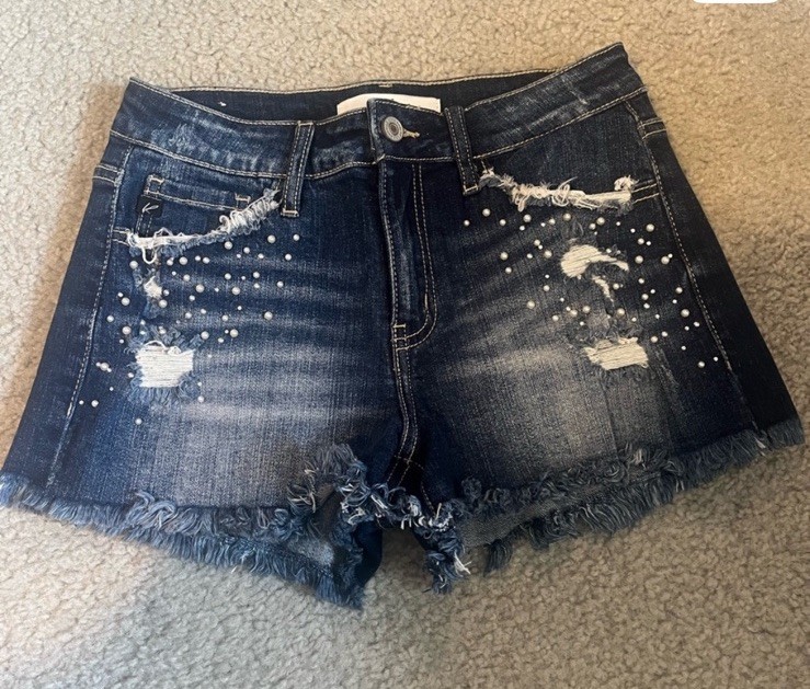 KanCan Indigo Jean Shorts with Sparkly/pearl Embellishments