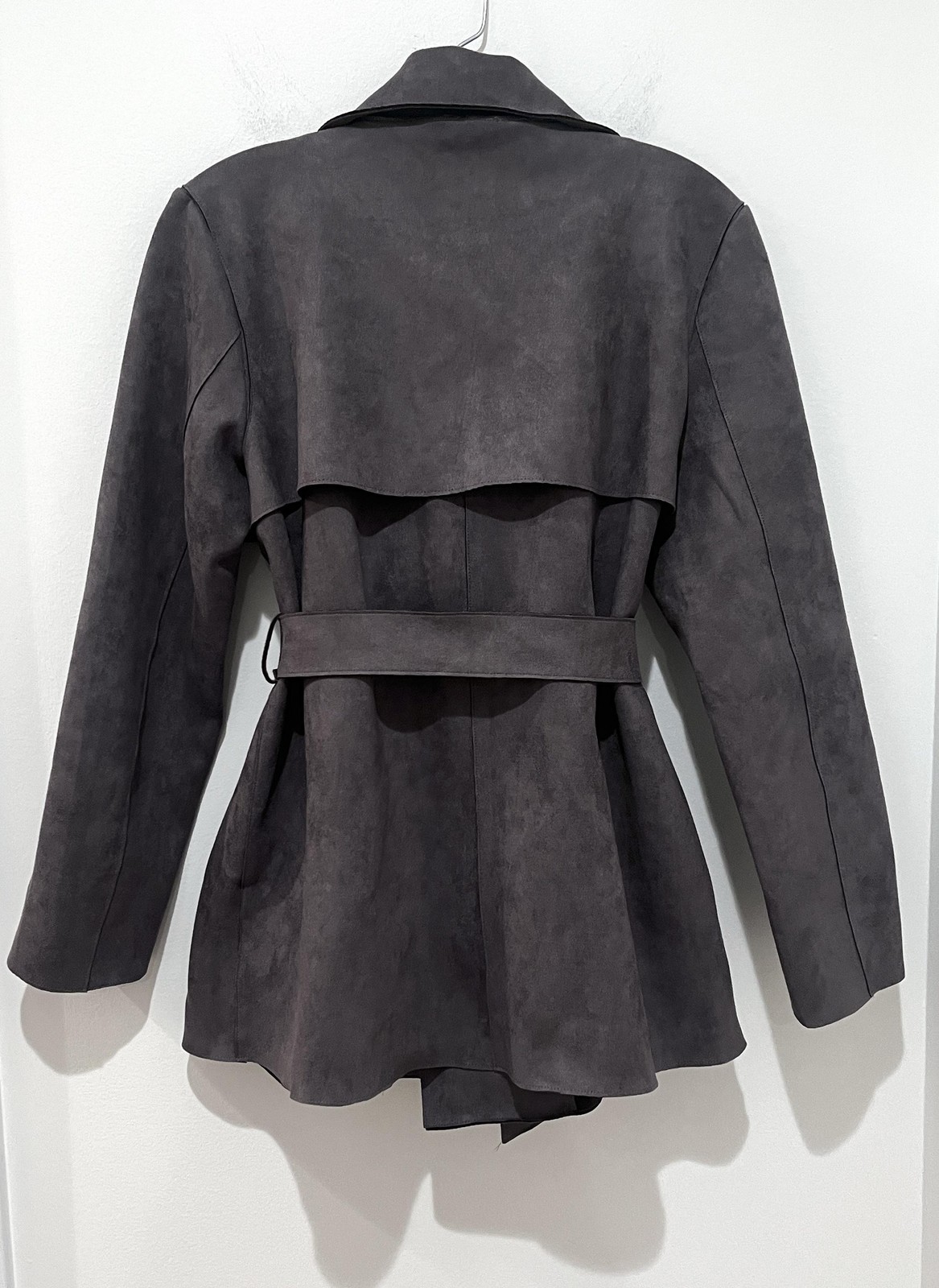 New She + Sky Coat Womens Medium Grey Faux Suede Knit Short Trench Jacket