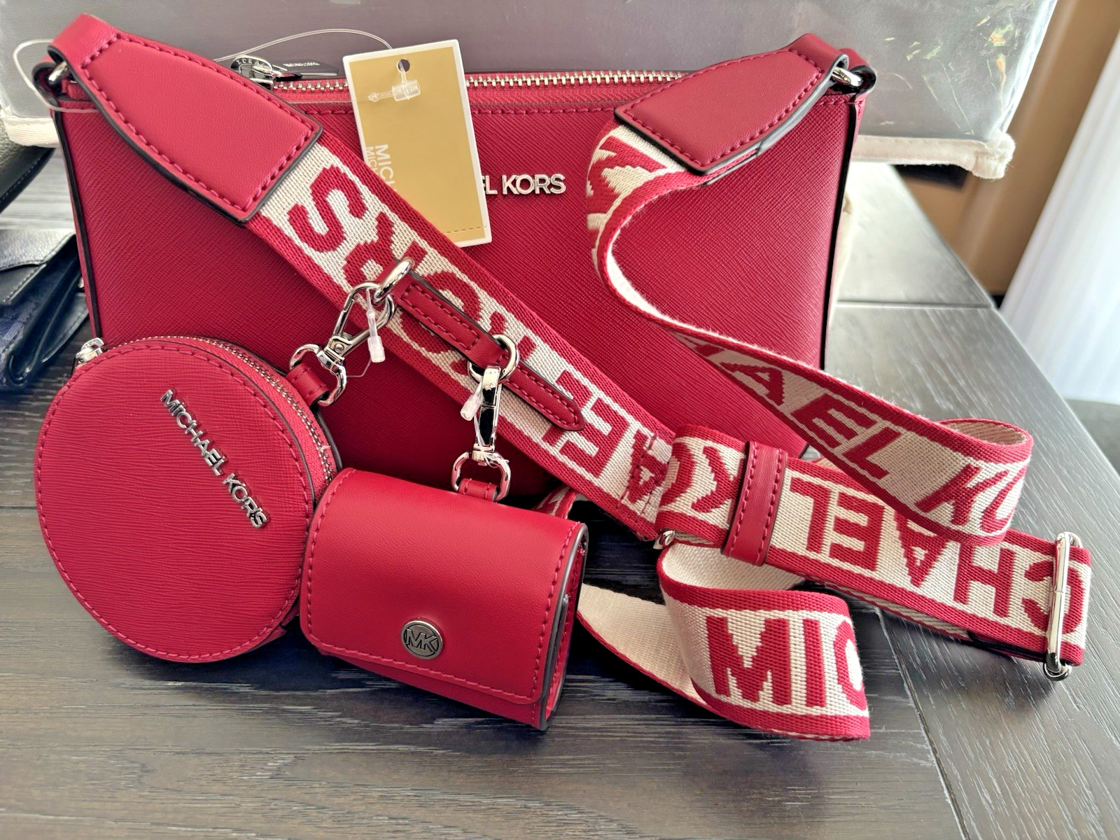 Michael Kors Jet Set Travel Crossbody Bag Tech Attached MK Dark Raspberry