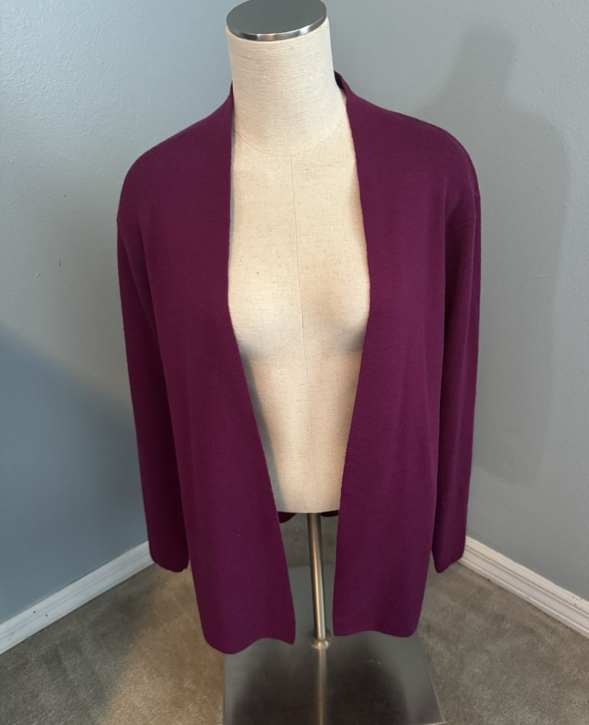 Eileen Fisher 100% Merino Wool Purple Solid Open Front Cardigan Sweater M