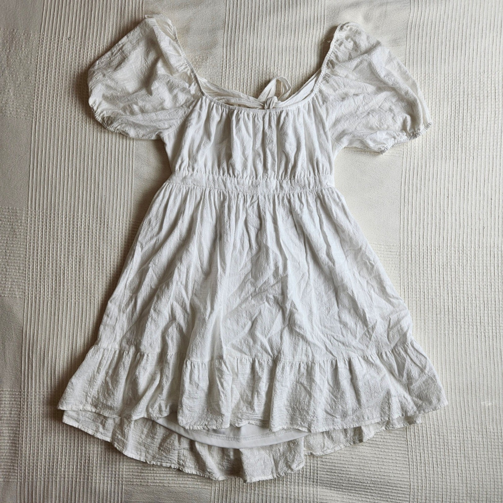 Hesperus White Cotton Summer Garden Romantic Puff Sleeve Tiered Ruffle Dress XL