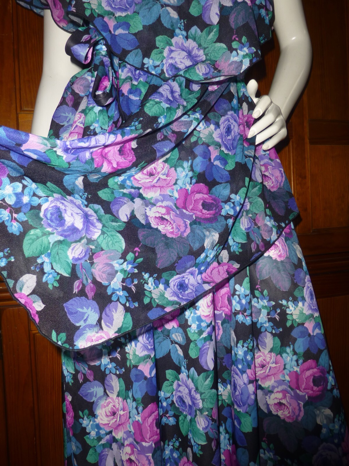 Vtg 80s Silky jersey English rose Print Cape boho Garden belted midi Dress L