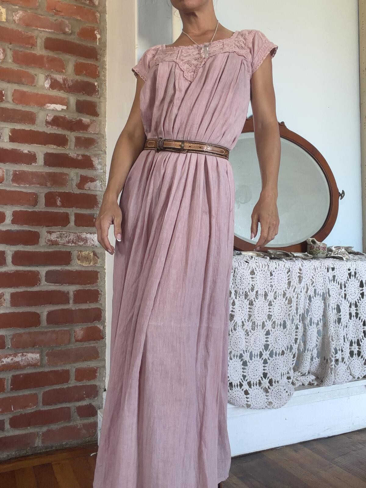 Dusty Rose Lace Yoke Maxi Dress