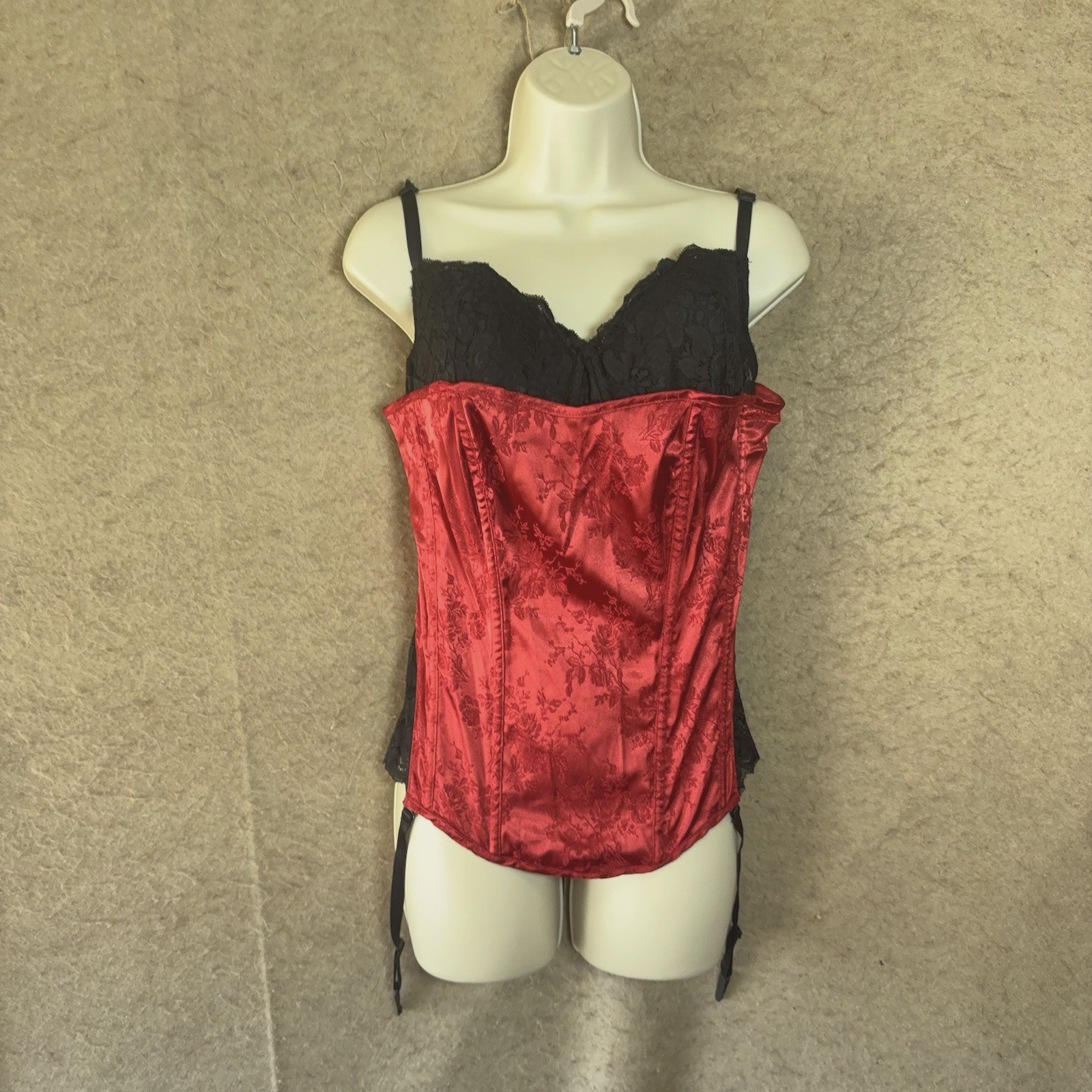Fredericks Of Hollywood Bra Corset Sz 40 Red Satin Lace Up Cincher Burlesque