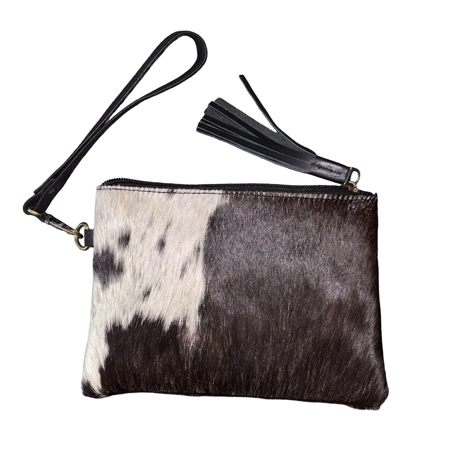 Genuine Cowhide Leather Wristlet Clutch Black Brown White Hair Tassel Bag
