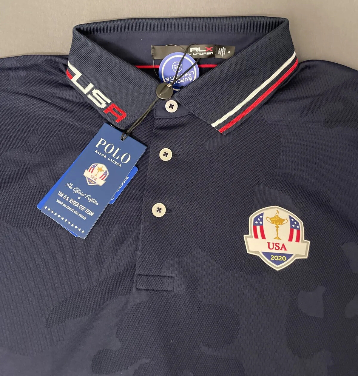 RLX Ryder Cup Golf Shirt Polo Logo Camo Ralph Lauren Medium Navy Blue NWT