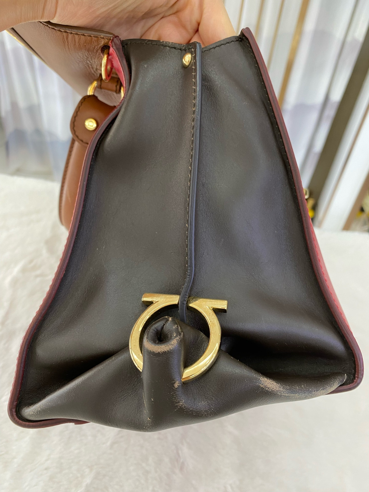 Authentic Salvatore Ferragamo Sofia Smooth Leather Top Handle Bag Brown, Red,