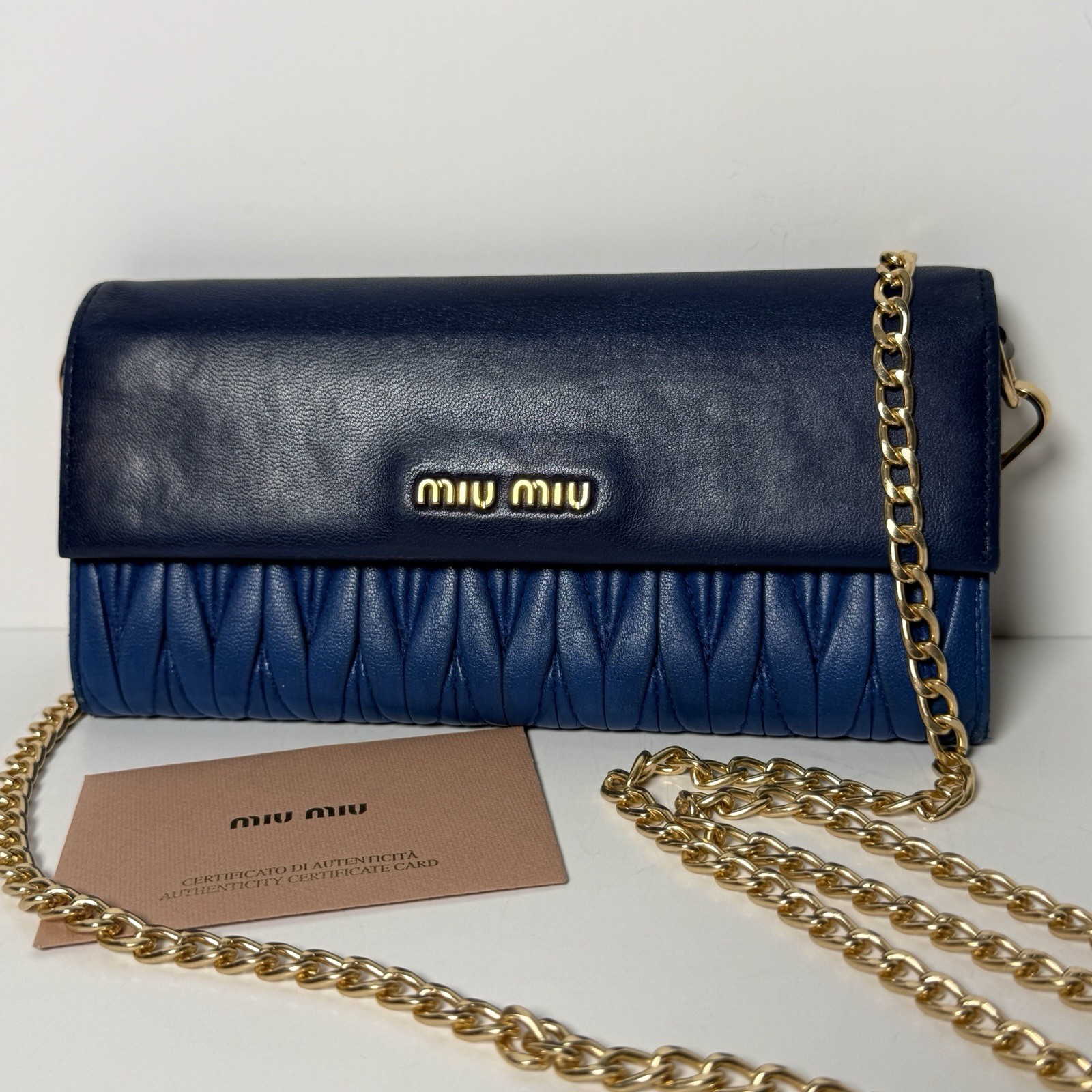 MIU MIU Matelasse Nappa Leather Wallet On Chain Blue Bicolor Auth Card 5M1369
