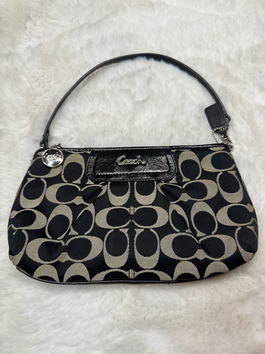 Coach Signature Sateen Large Wristlet Black and Beige Shoulder Bag