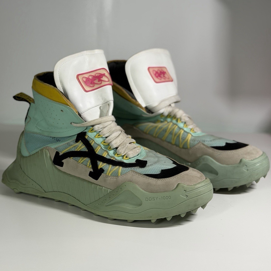 Off-White ODSY-1000 Men’s High Top Athletic Sneakers Lace Up Green Yellow