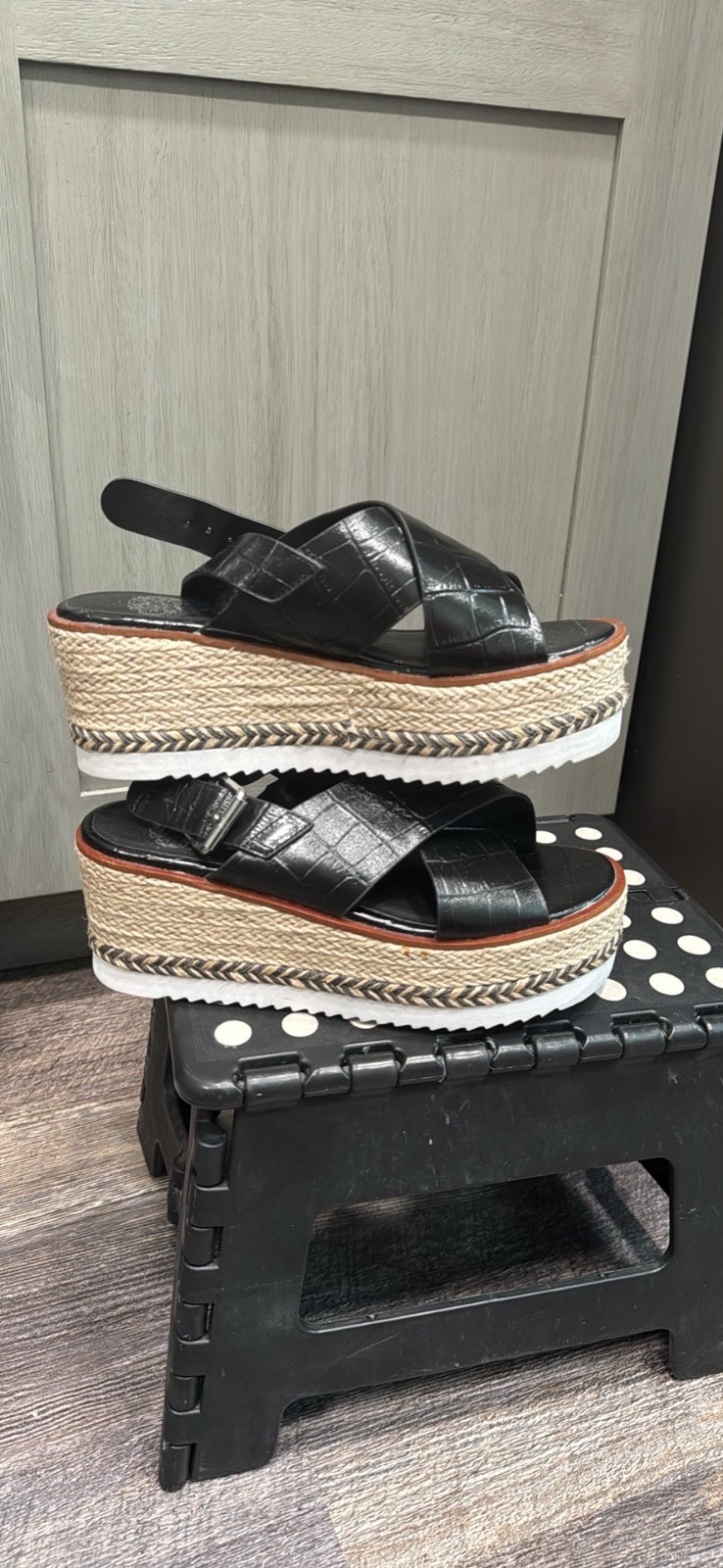 Vince Camuto Black Croc Leather Espadrille Platform Sandals Marietten 7M /37