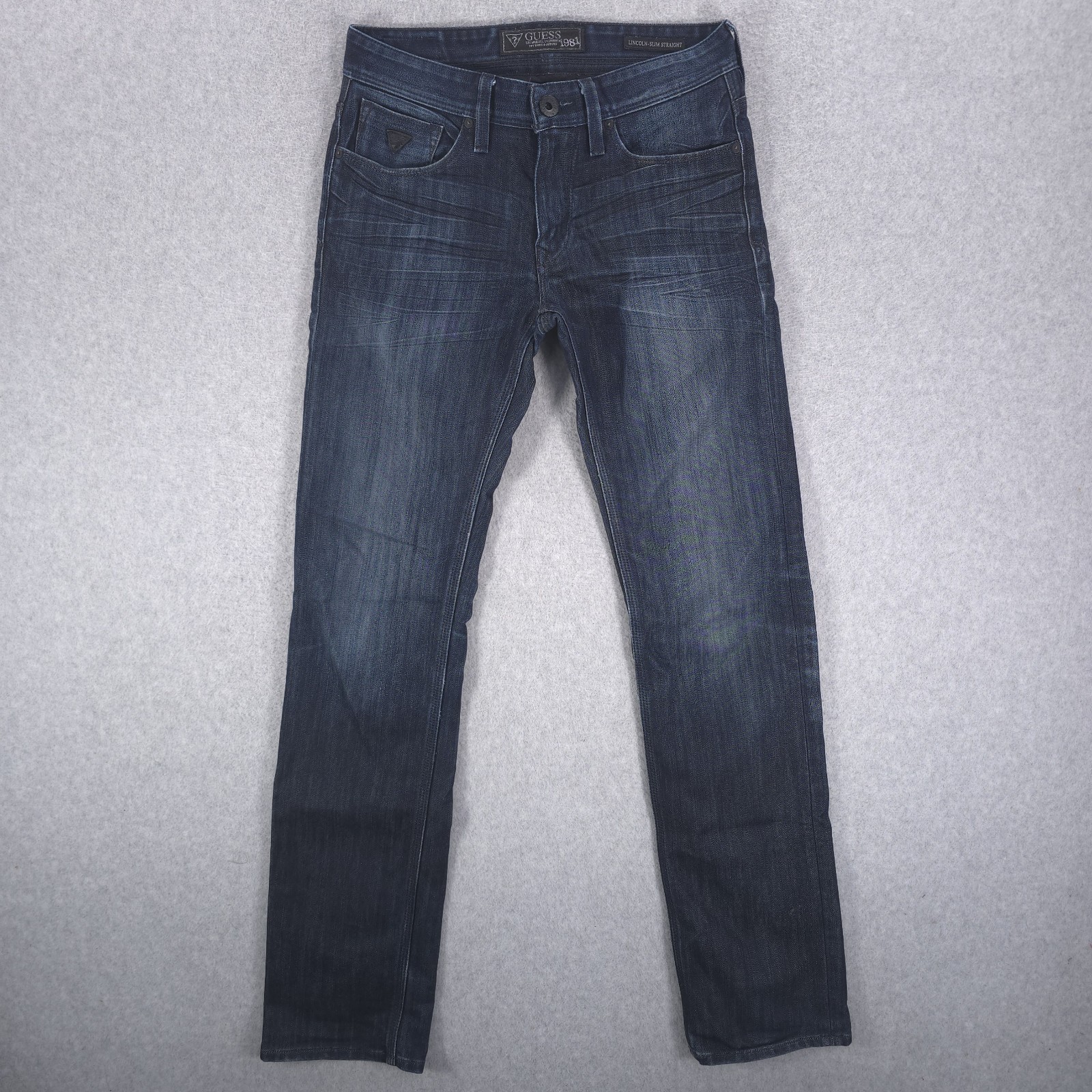 Guess Lincoln Low Slim Straight Dark Distressed Denim Casual Jeans Mens 28×32