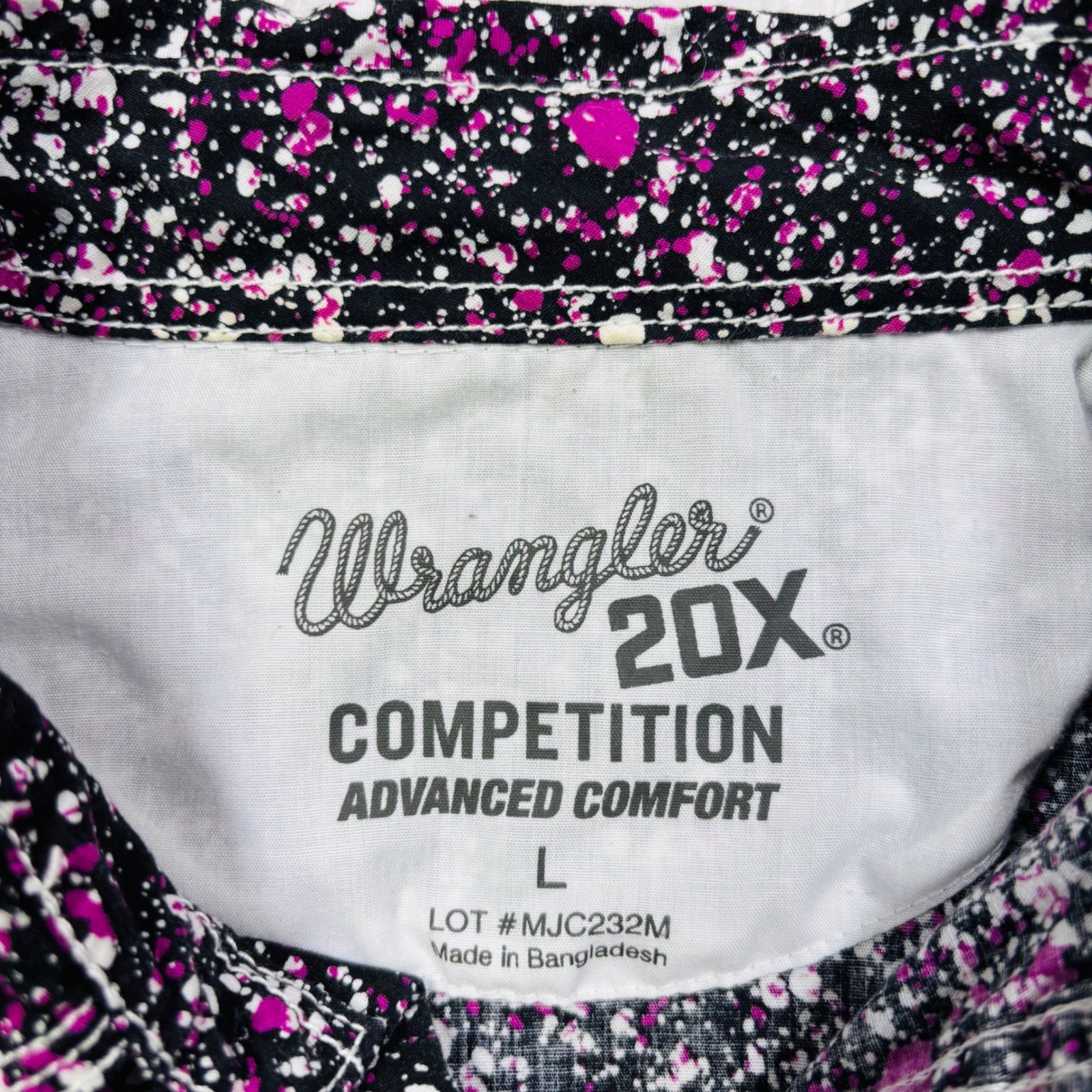 Wrangler 20X Western Shirt Men L Black Pink Paint Splatter Pearl Snap Flip Cuffs