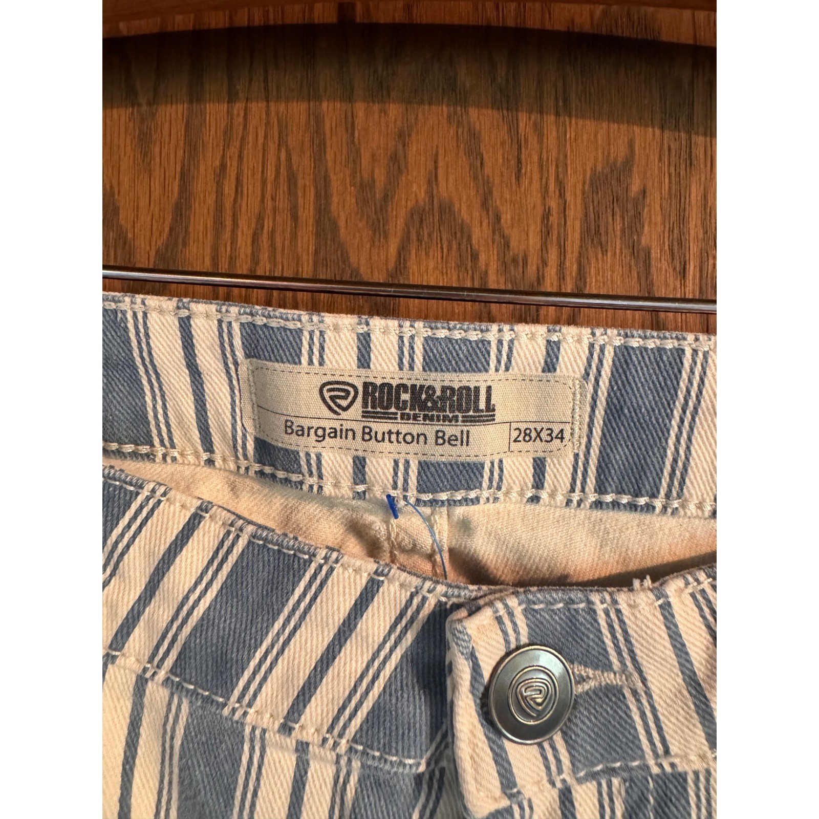 Rock & Roll Denim Bargain Button Bell Striped Flare Jeans Blue White 28×34