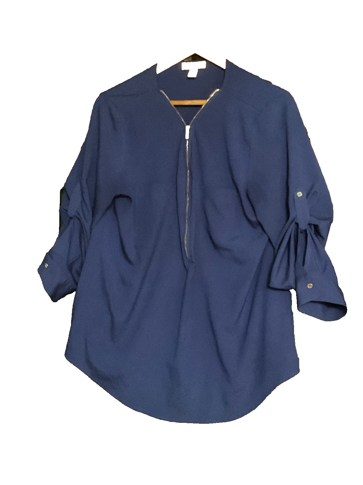 Calvin Klein Zipper Front Poly Blue Blouse w/ Roll Tab Long Sleeve Vneck Large