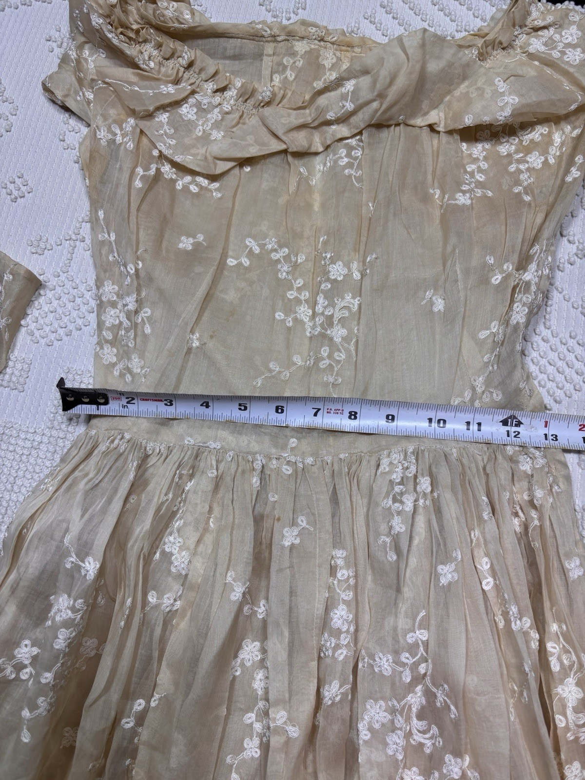 Post 1930s Sheer Organdy Party Dress Formal Embroidered Tea Gown Talon Side Zip