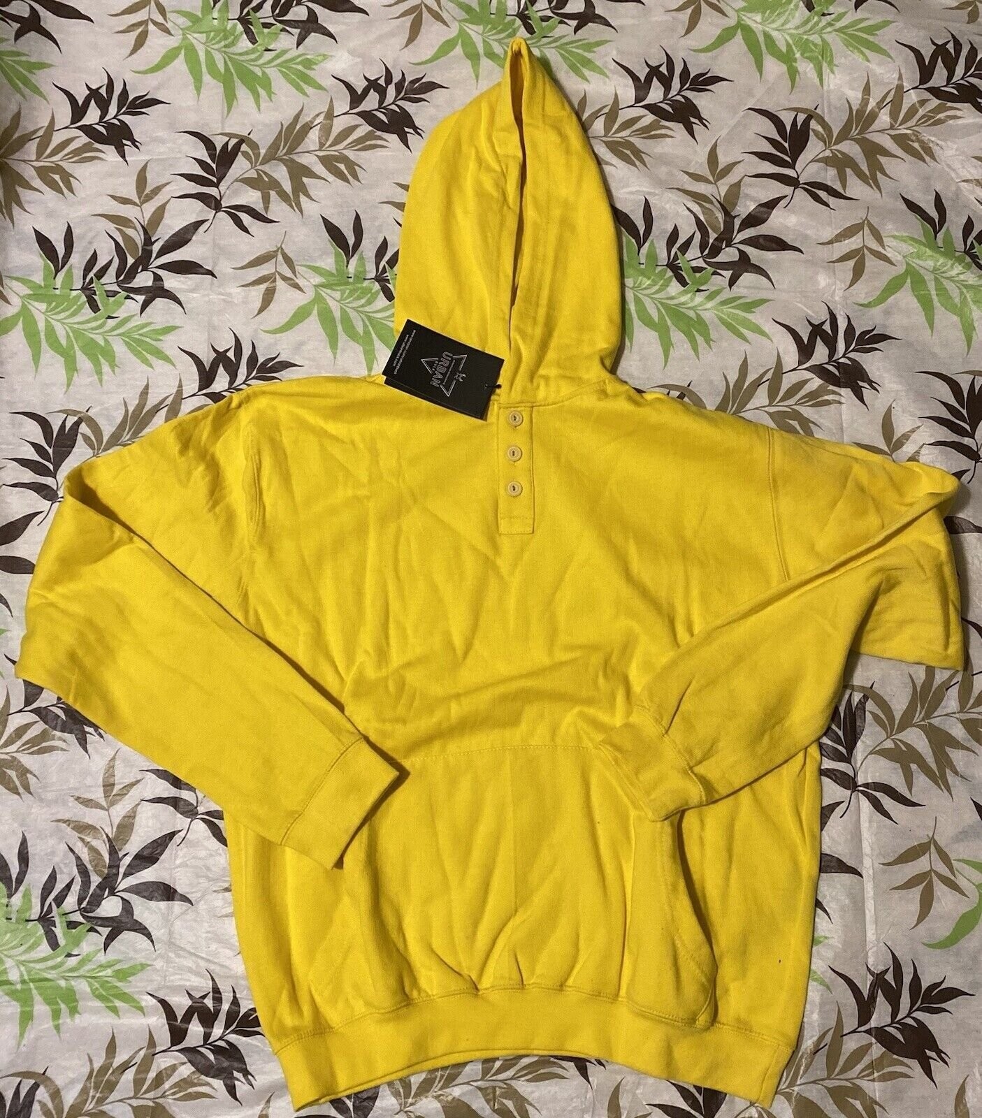 URBAN BUCK Mens Large Yellow Button Up Pullover Hooded Sweatshirt New