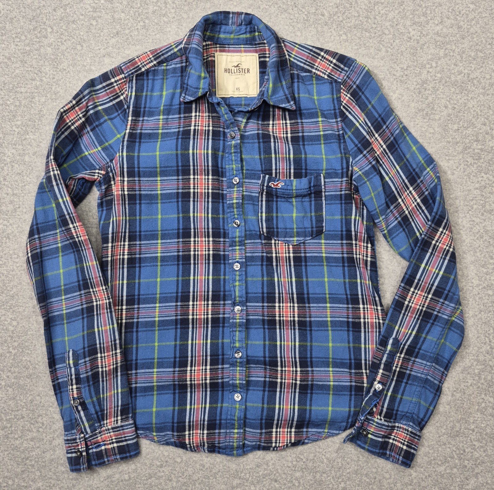 Hollister Shirt Womens XS Blue Plaid Flannel Button Up Long Sleeve Y2K Cowgirl