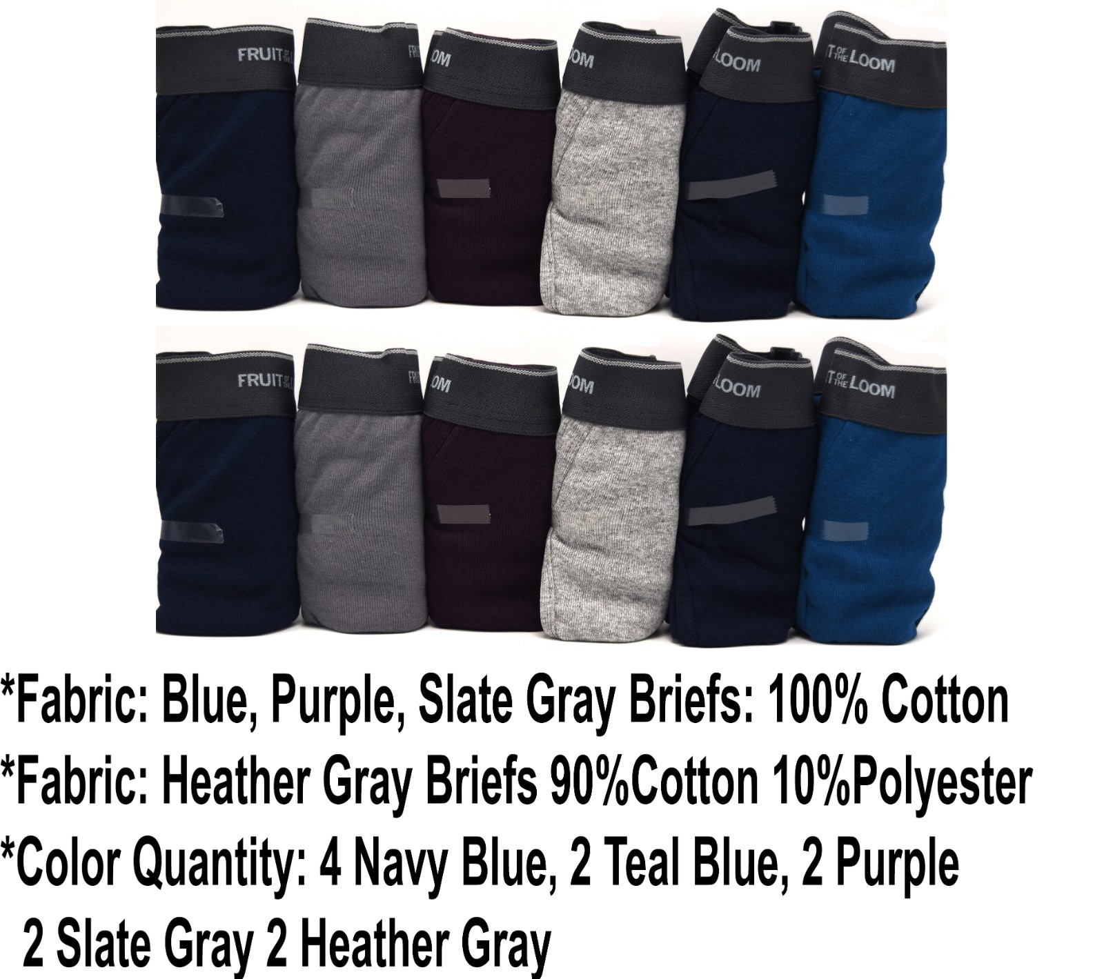 12 Blue Gray Purple XL 40-42 Inch Briefs Mid Rise Fruit of the Loom EG 102-107CM