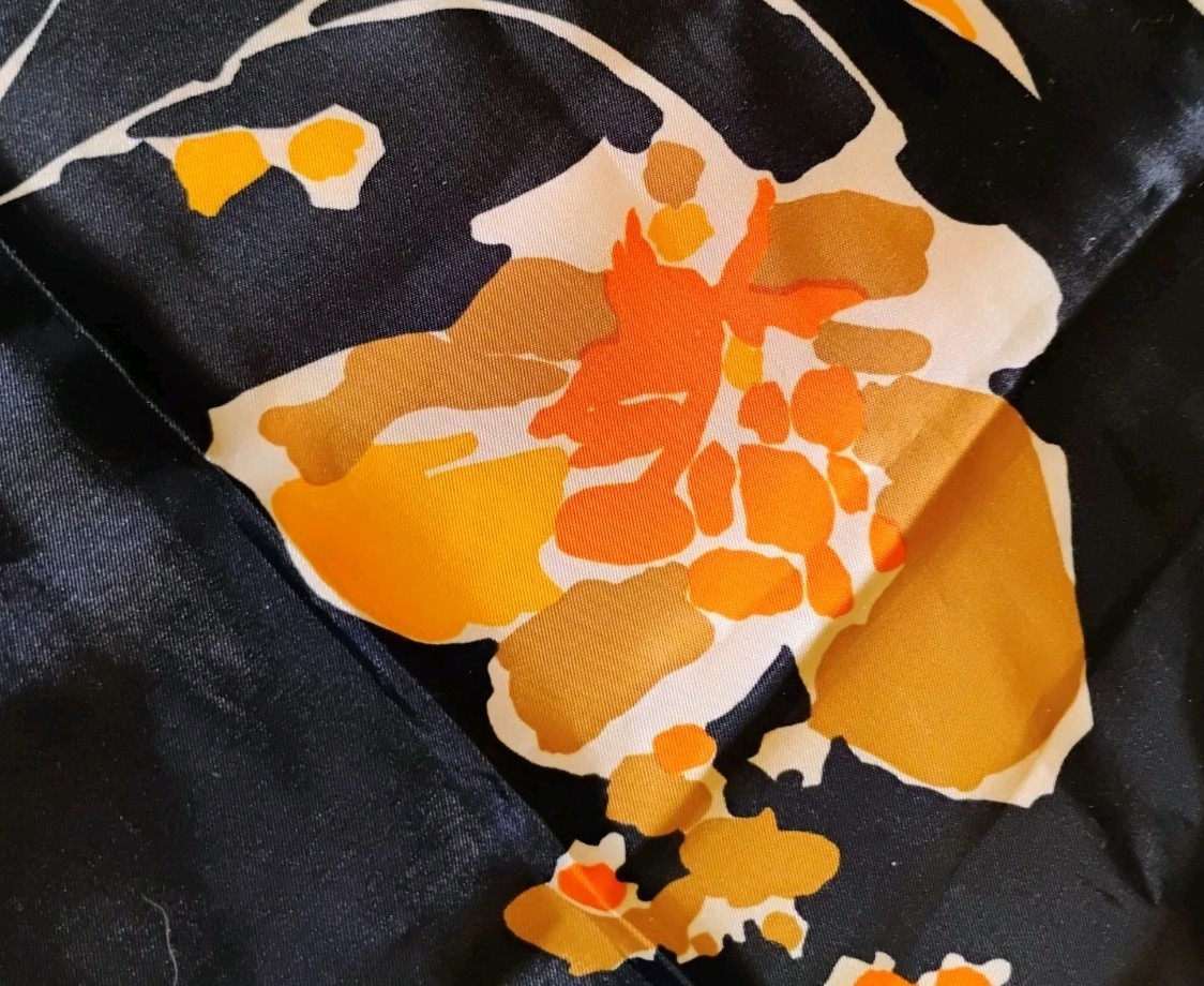 VTG “Totes” Rain Repellent Black, Orange, Yellow & Tan Abstract Floral Scarf