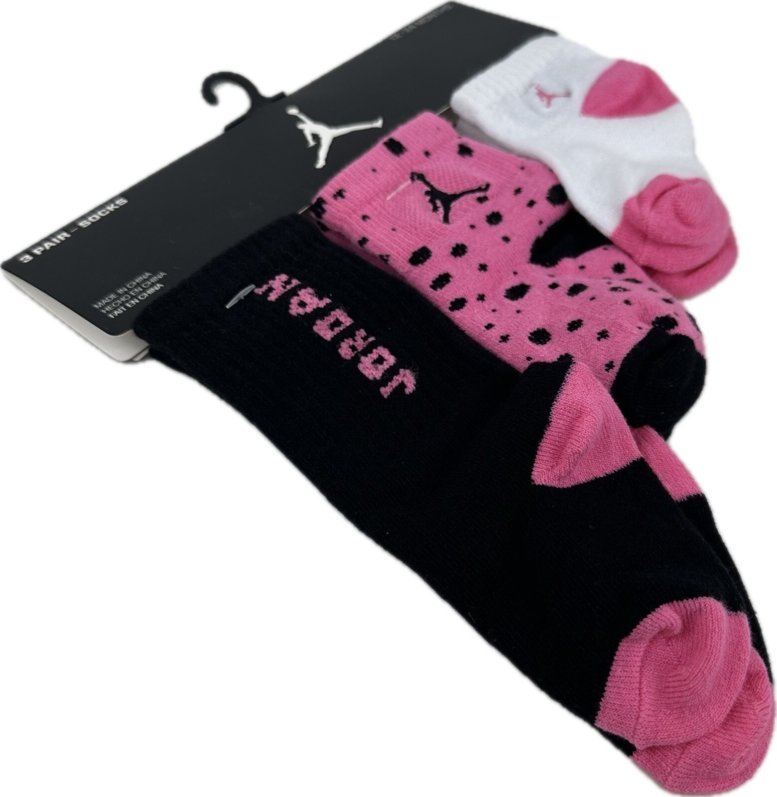 Nike Baby 3 Pk Black Pink Multi Height Cotton Jumpman Jordan Sock Set 12-24 MO