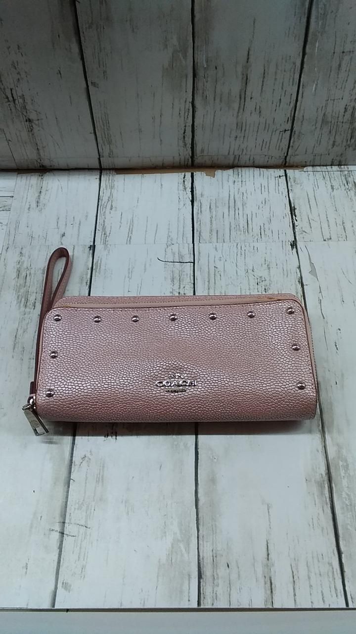 Coach Double Zip Round Wallet Pink × silver studs Used