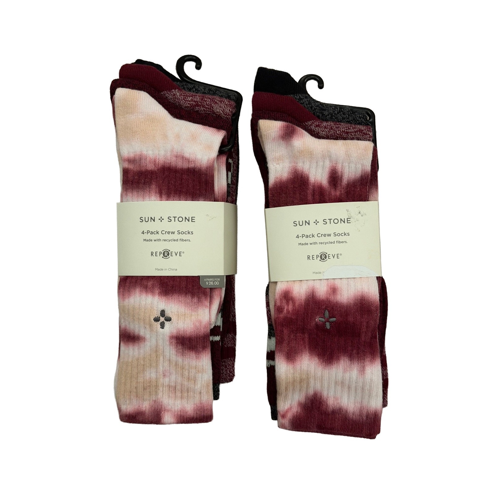 Sun + Stone Lot of 2 4-PK Assorted Crew Socks Burgundy/Charcoal Sock Size 10-13