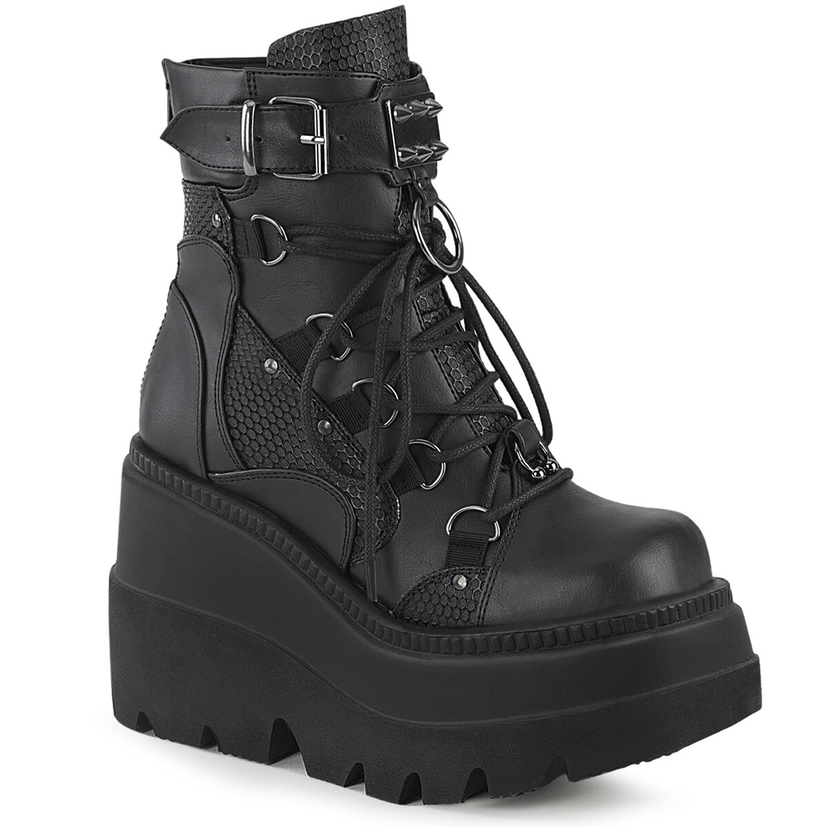 DEMONIA SHAKER-60 Women’s 4″ Wedge Platform Black Vegan Lace-Up Ankle Boot