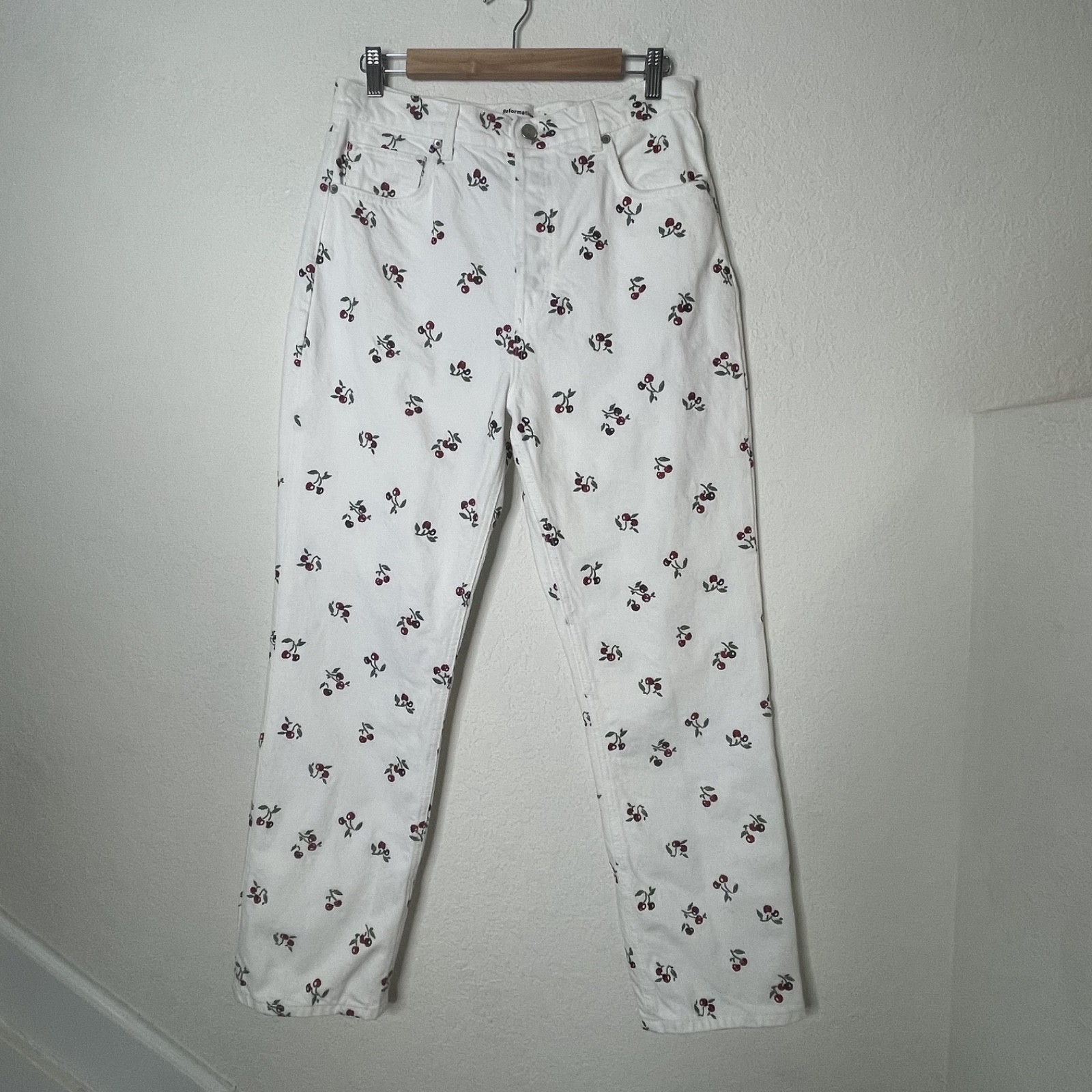 Reformation Jeans Cherry Pit Embroidered High Rise Womens Size 30 White Red