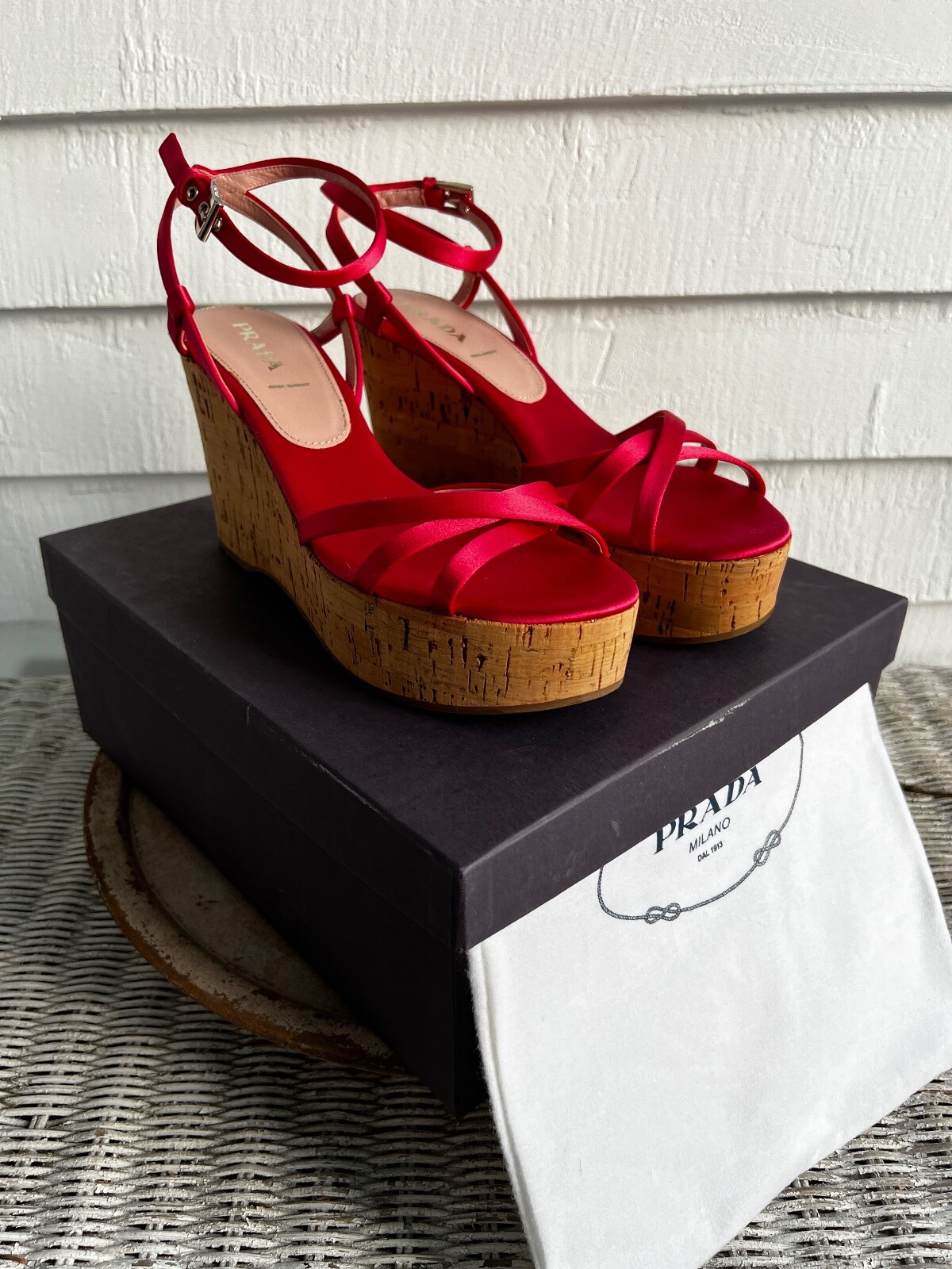 New PRADA Raso Cork Strappy Satin Platform Wedges Size 39.5 Cherry Ciliegia Red