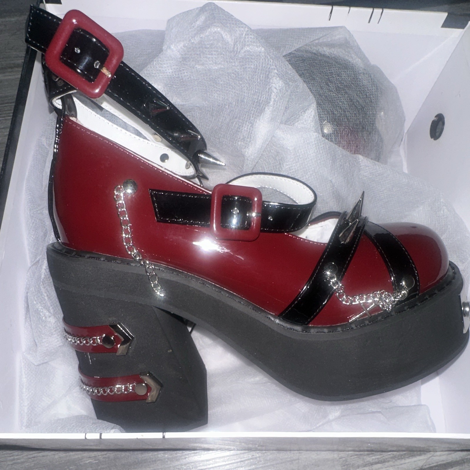 Bad Bear Women’s Red/Black Platform Mary Jane Buckle Ankle Strap Chain Studs 4