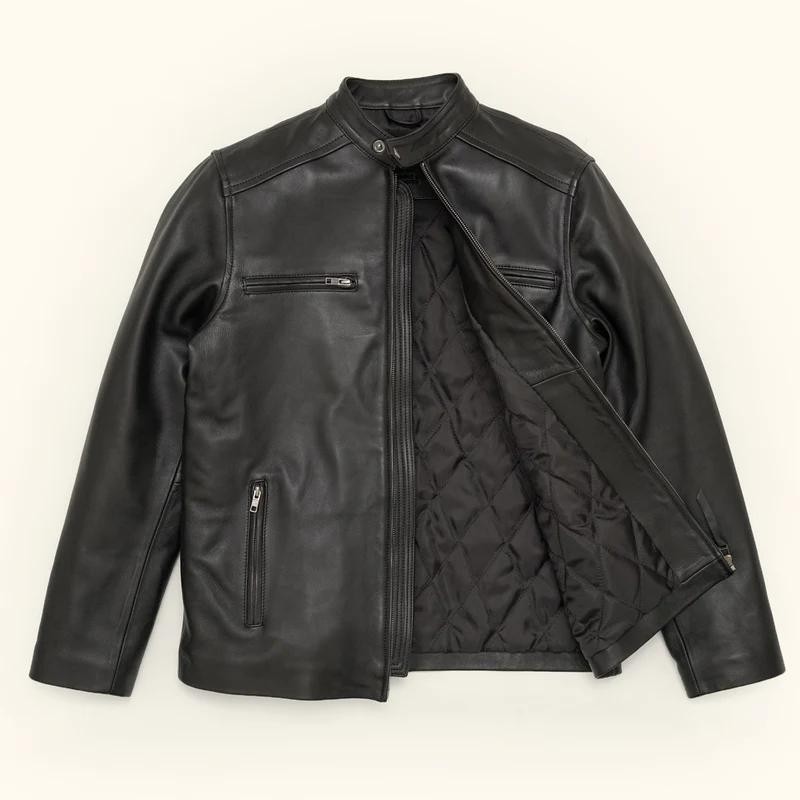 Men’s Real Leather Jacket Genuine Cafe Racer Biker Slim Fit Motorcycle Coat