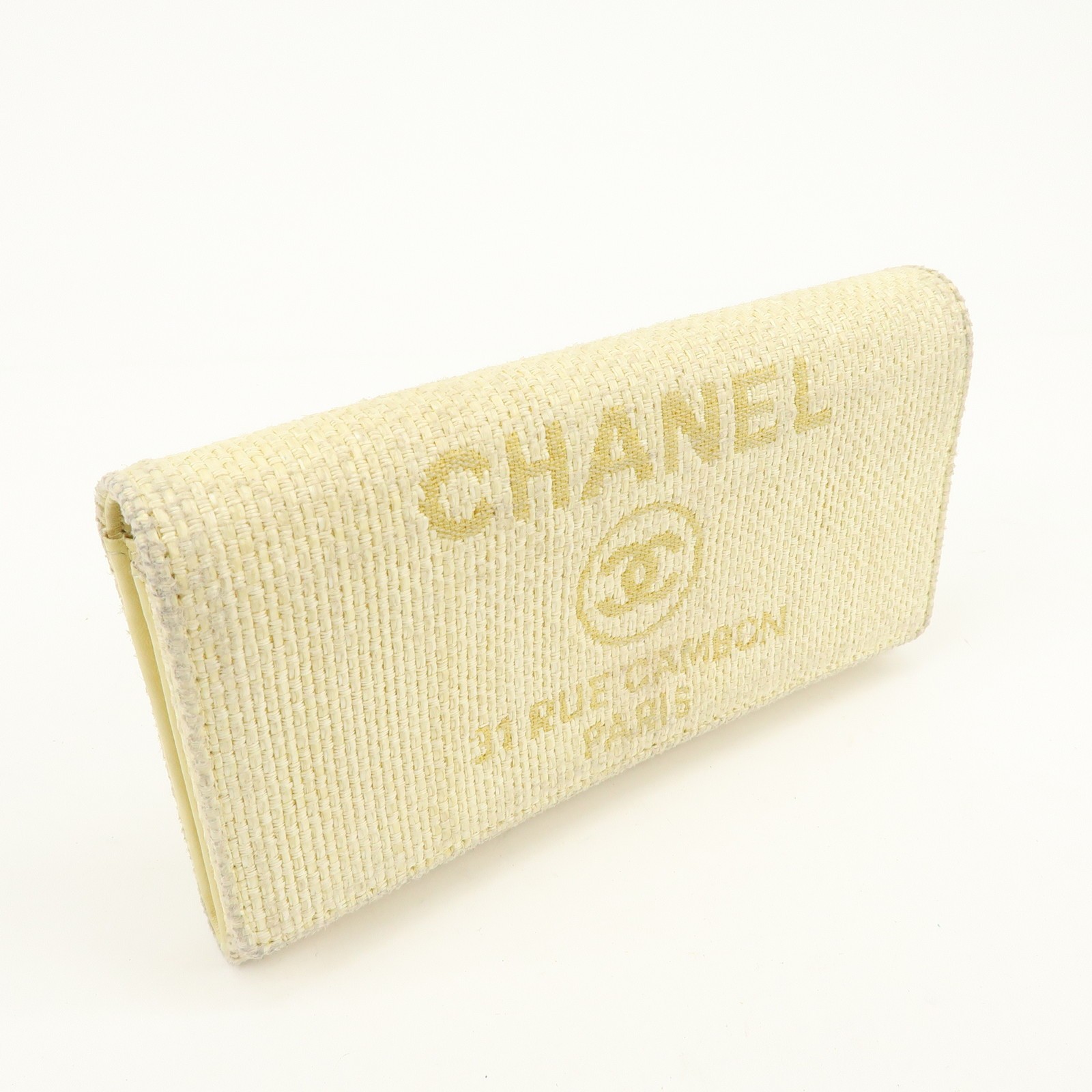 CHANEL Deauville COCO Mark Raffia Leather Long Wallet Yellow Authentic Used F/S