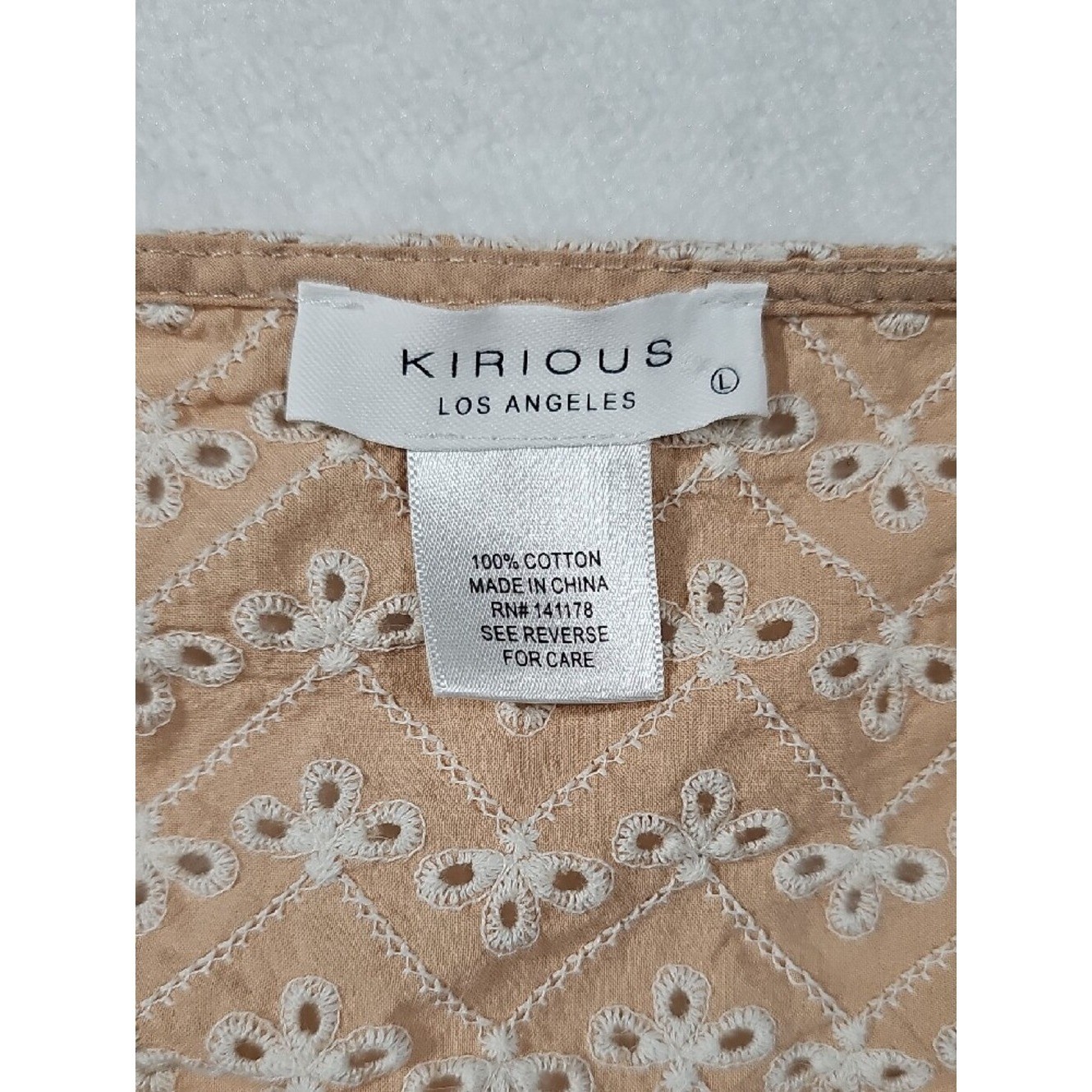 Button-Front Beige Eyelet Crop Top with Tie Sleeves