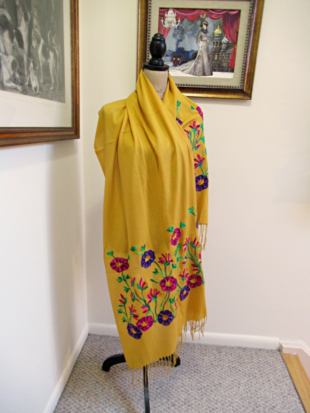 MEXICAN EMBROIDERED SOFT FRINGED SHAWL REBOZO WRAP 76 X 28 – MADE in MEXICO