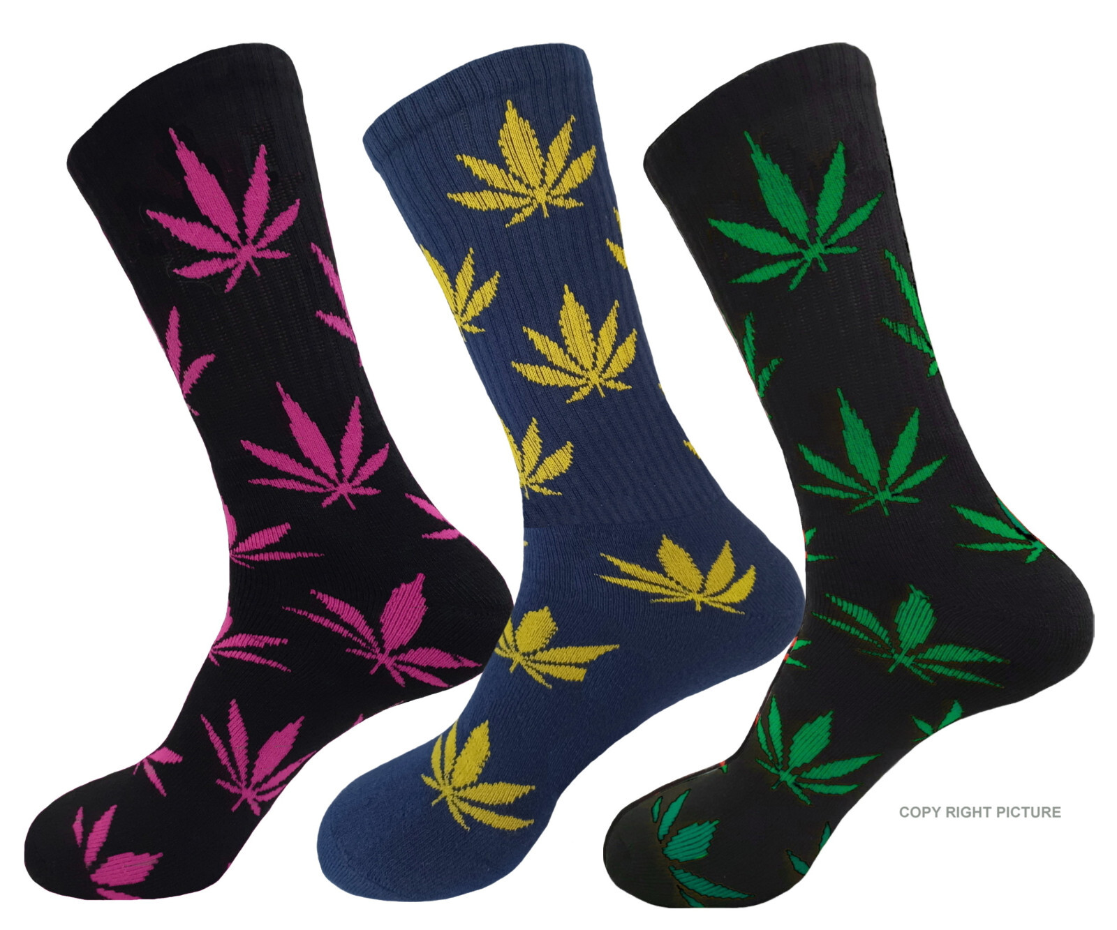 3 PAIRS MARIJUANA WEED LEAF RASTA TRUE TO SIZE 18 INCH SOCKS CANNABIS SIZE 10-13