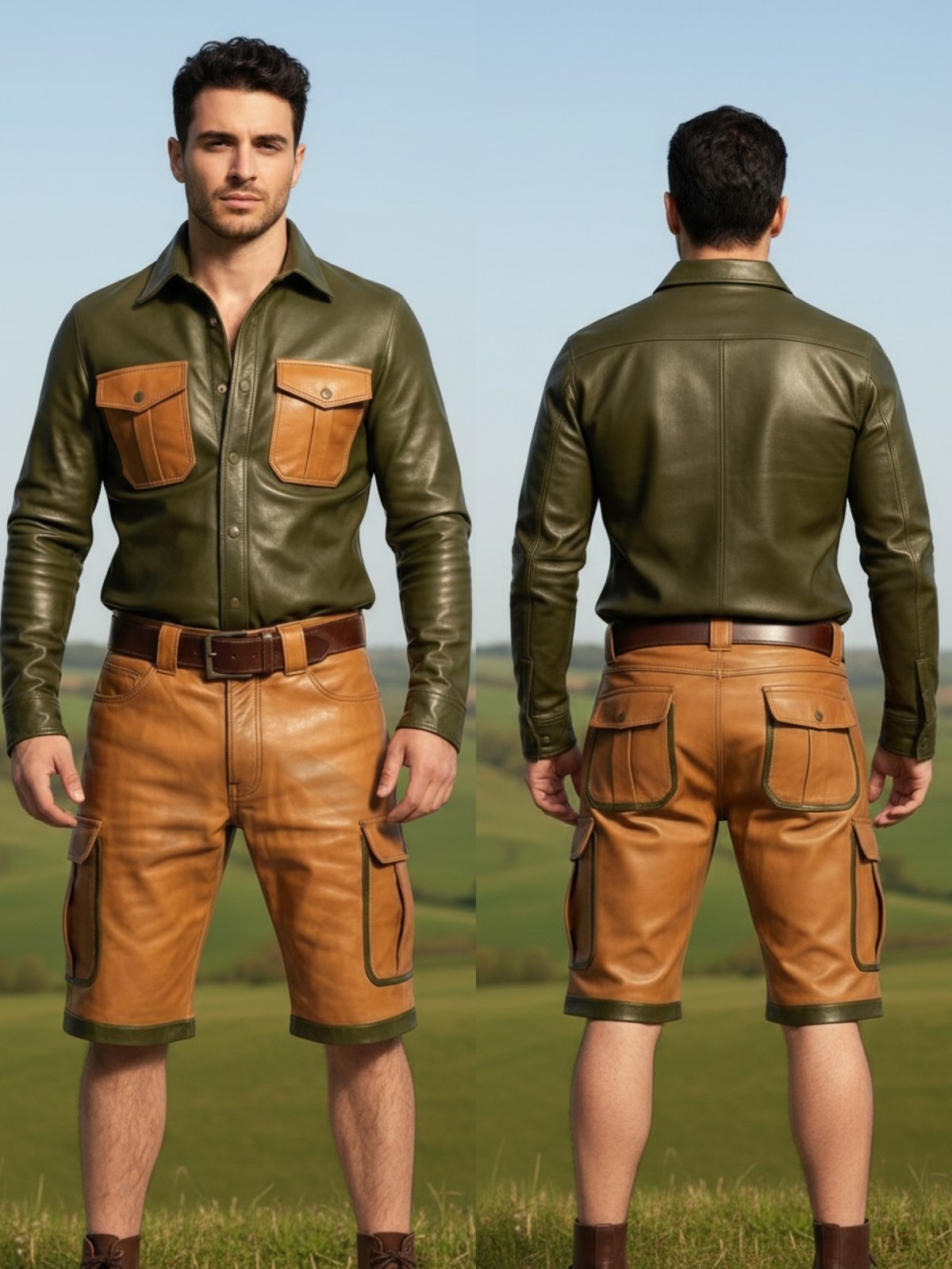 Men’s Real Leather Cargo Shorts & Matching Long Sleeves Shirt Contrast Panels