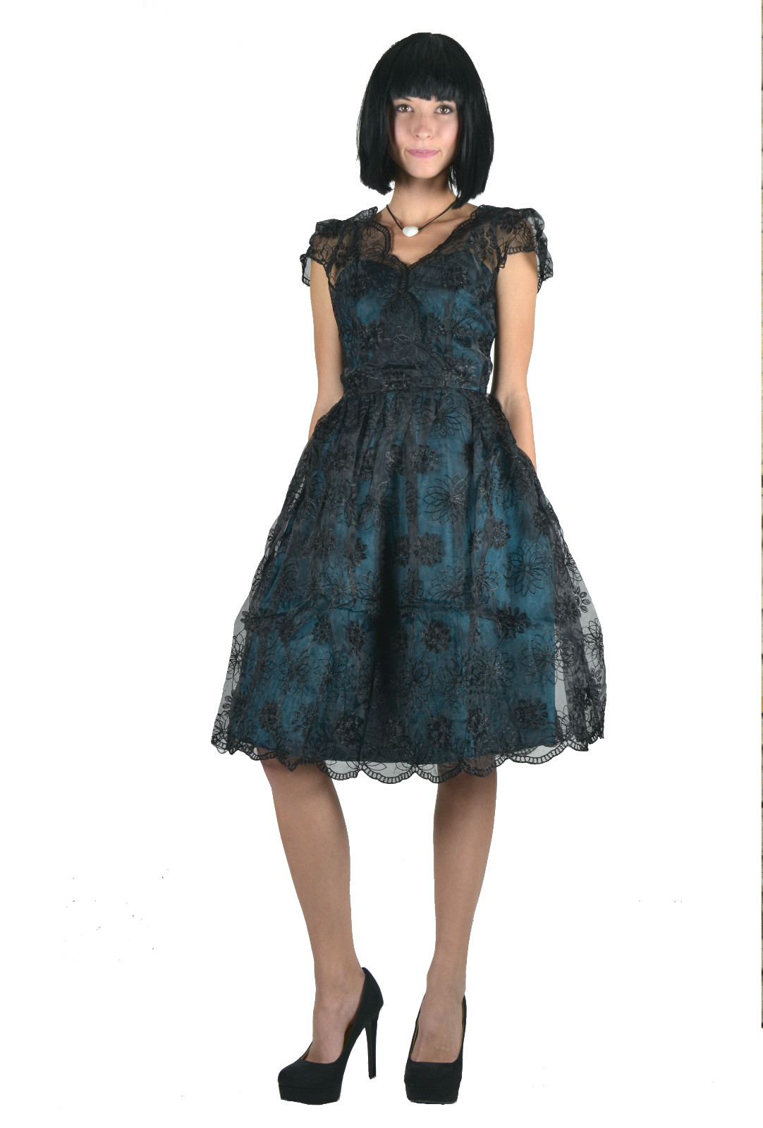 VOODOO VIXEN RETRO PIN UP 50s MAY TEAL LACE OVERLAY TAFFETA BLUE DRESS DRA8085