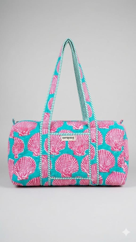 Resort Style Quilted Cotton Weekender Tote Shell Pattern Travel Bag gift item