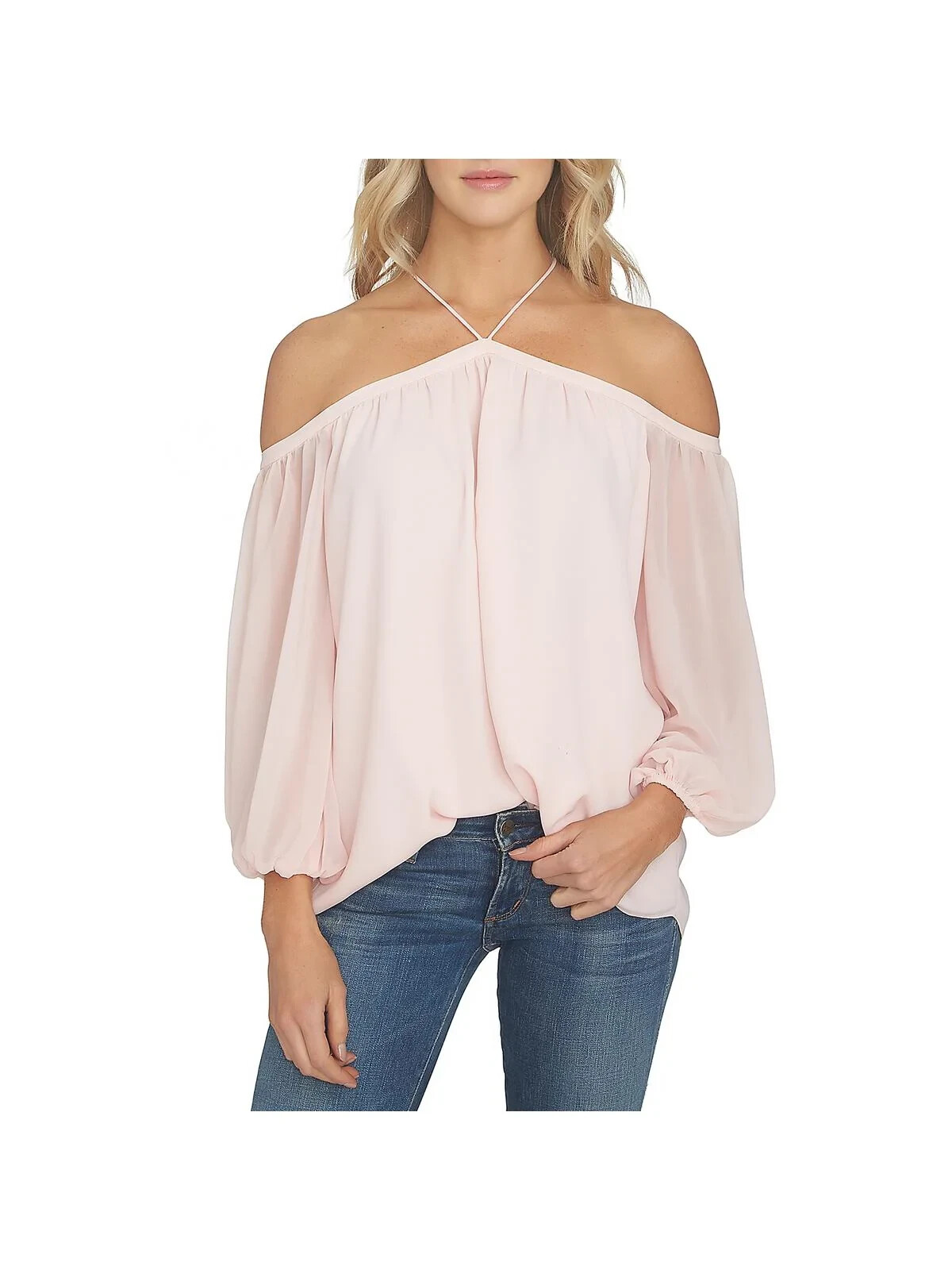 1.STATE Off-The-Shoulder Halter Neck Blouse Women’s S Pink Taffeta Long Sleeve