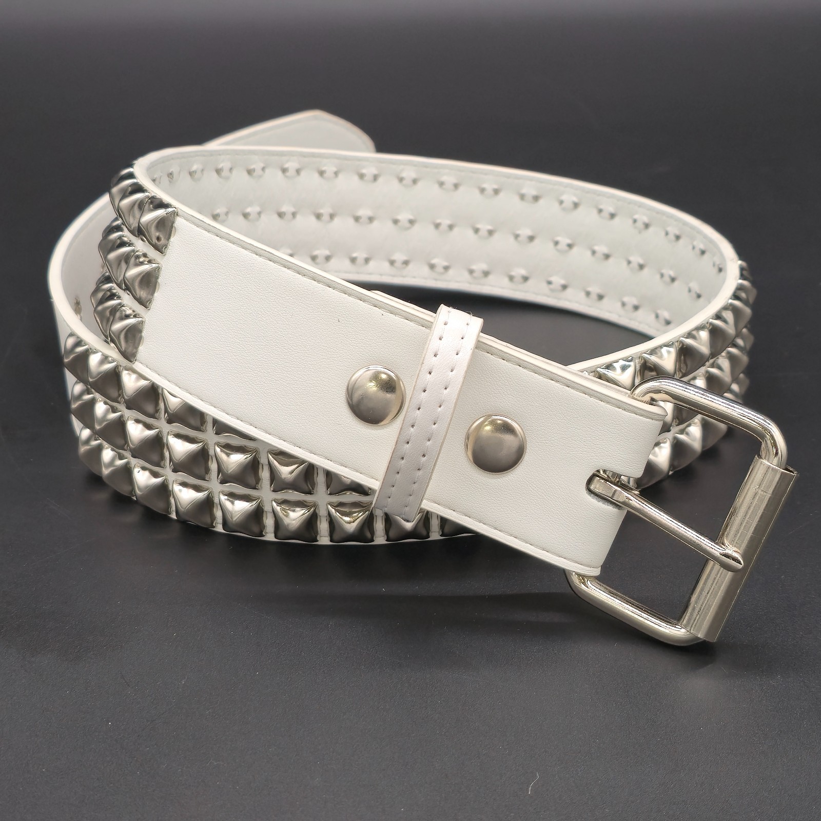 White Vegan Leather Three Row Pyramid Stud Belt Punk Goth Metal Funk Plus