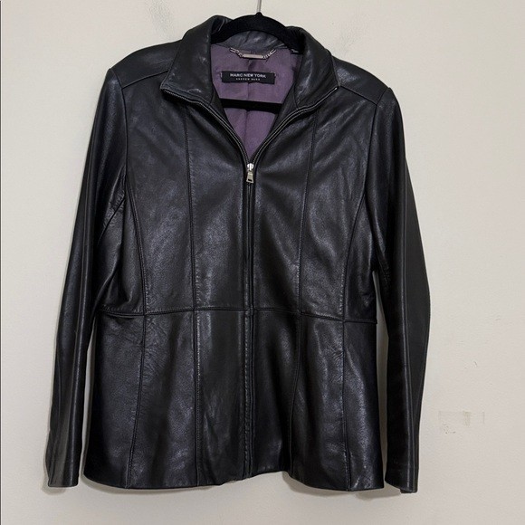 Marc NY Classic Black Leather Jacket coat full zipWomen L event festival Y2K